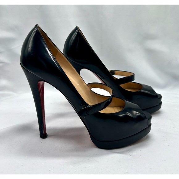 CHRISTIAN LOUBOUTIN Black Patent Leather Peep-Toe Mary Jane Platform Pum… - Picture 3 of 13